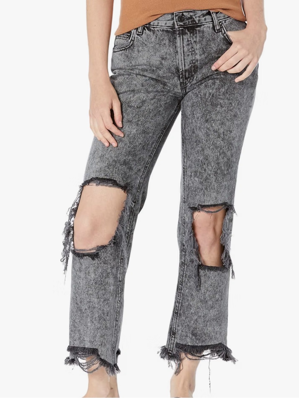 Free People Black Acid Wash Distressed Straight Leg Jeans